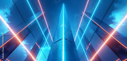 Electric blue 3D obelisk illuminated by neon, a vision of urban future.