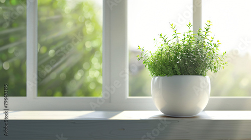 Herbal Haven  Fresh Herbs in a Minimalist White Ceramic Pot on a Sunny Windowsill