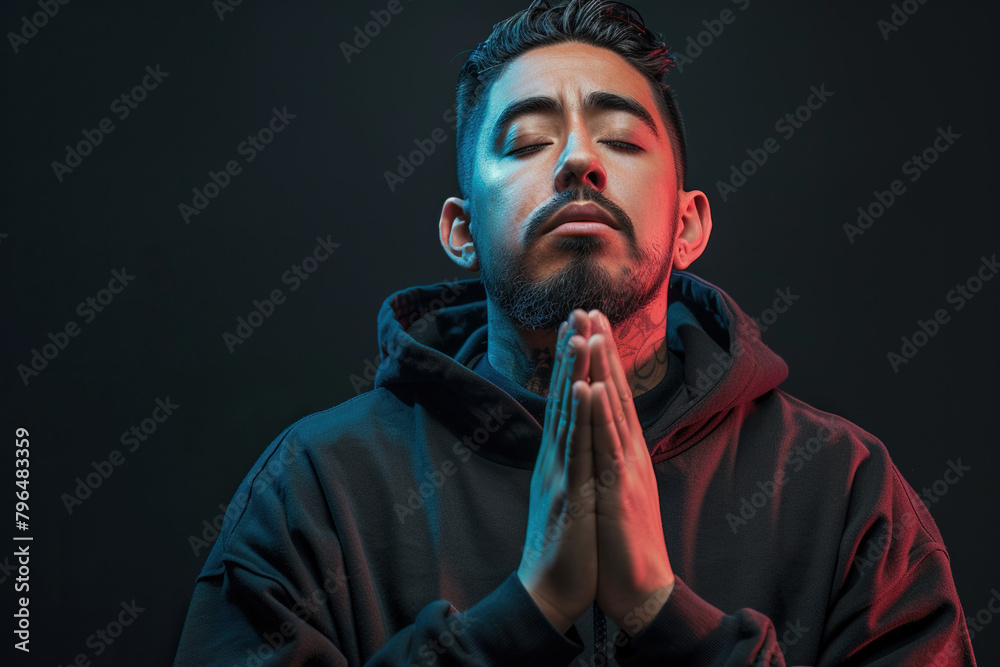 Hispanic man prays to god on dark studio background. Cinematic effect Hispanic man prays to god on dark studio background. Cinematic effect