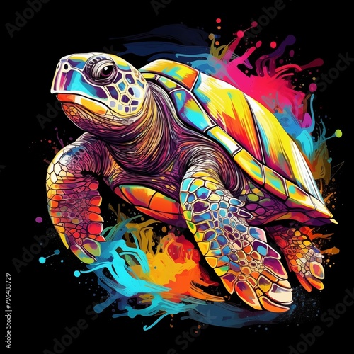 Abstract Colorful Illustration of a Turtle on a Black Background