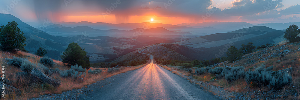 A mountain road with a beautiful sunset in the b,
Beautiful Sunset Sky Over an Empty Asphalt Road
