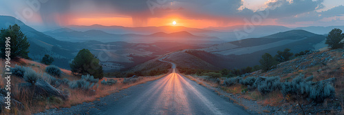 A mountain road with a beautiful sunset in the b, Beautiful Sunset Sky Over an Empty Asphalt Road 