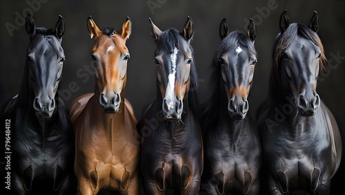 Majestic Horses: A Showcase of Different Breeds Against a Dark Background. Concept Horse Breeds, Dark Background, Equine Elegance, Majestic Showcase, Stunning Portraits