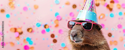 Happy Birthday, carnival, New Year's eve, sylvester or other festive celebration, funny animals card banner - Marmot with party hat and sunglasses on pink background with confetti.