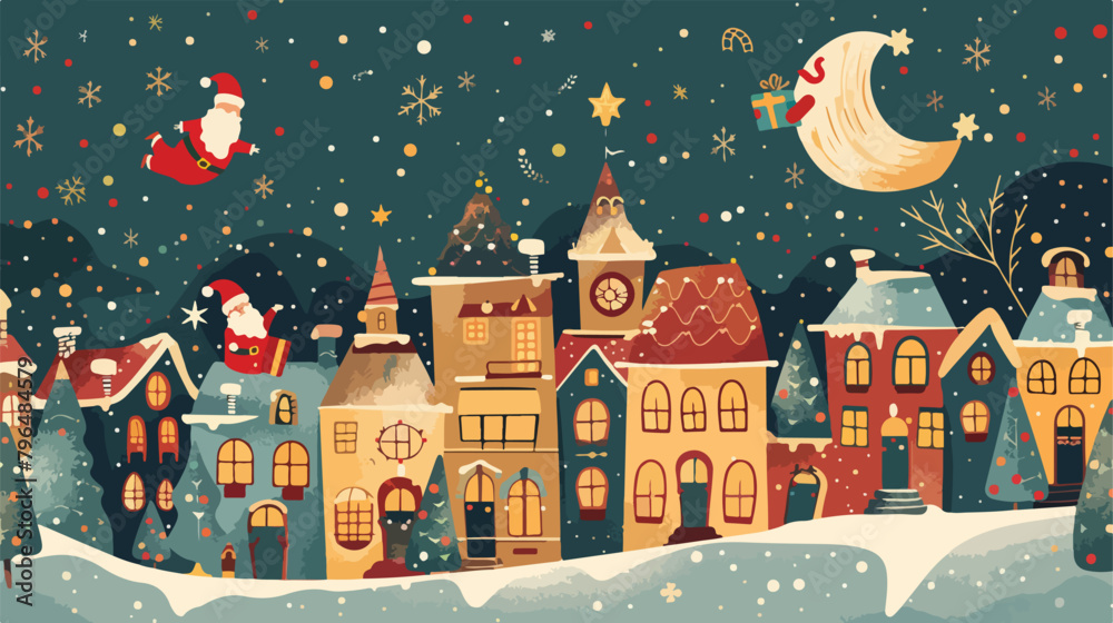 Merry Christmas town illustration with cute houses night