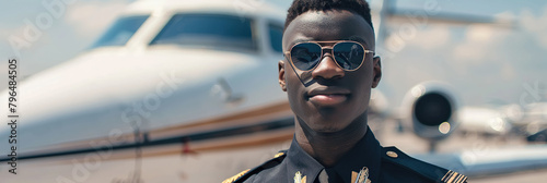 Portrait of young African American pilot standing in front of airplane at the airport. photo