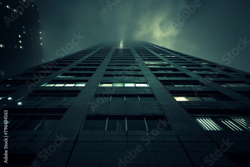 High-rise office building illuminated at night under foggy skies