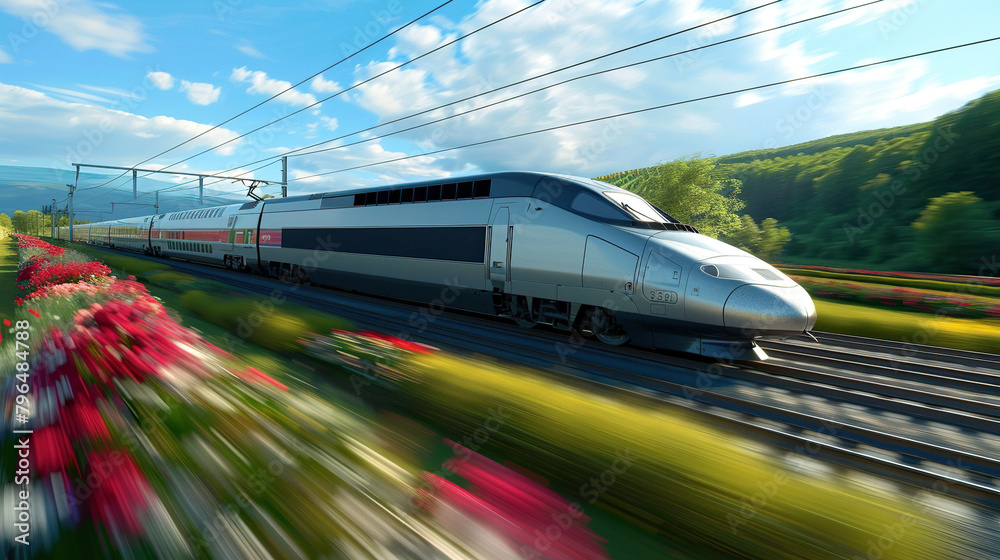 Fototapeta premium A high-speed train speeding through the French countryside
