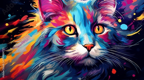 Abstract Colorful Headshot Illustration of a Cat on a Black Background