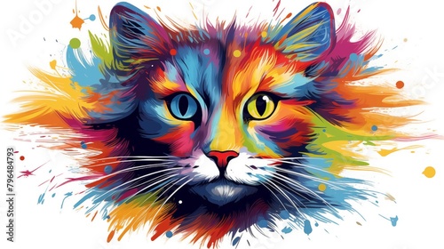 Abstract Colorful Headshot Illustration of a Cat on a White Background