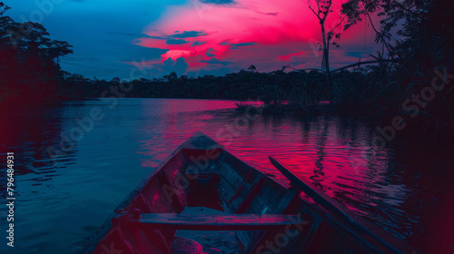 Vibrant sunset over tropical river with canoe in foreground
