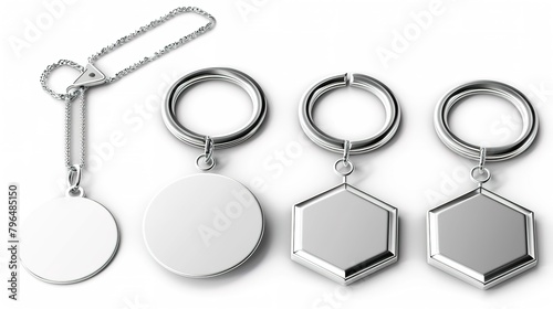 Set of blank metal keychains with chains on a white background for personalization and branding