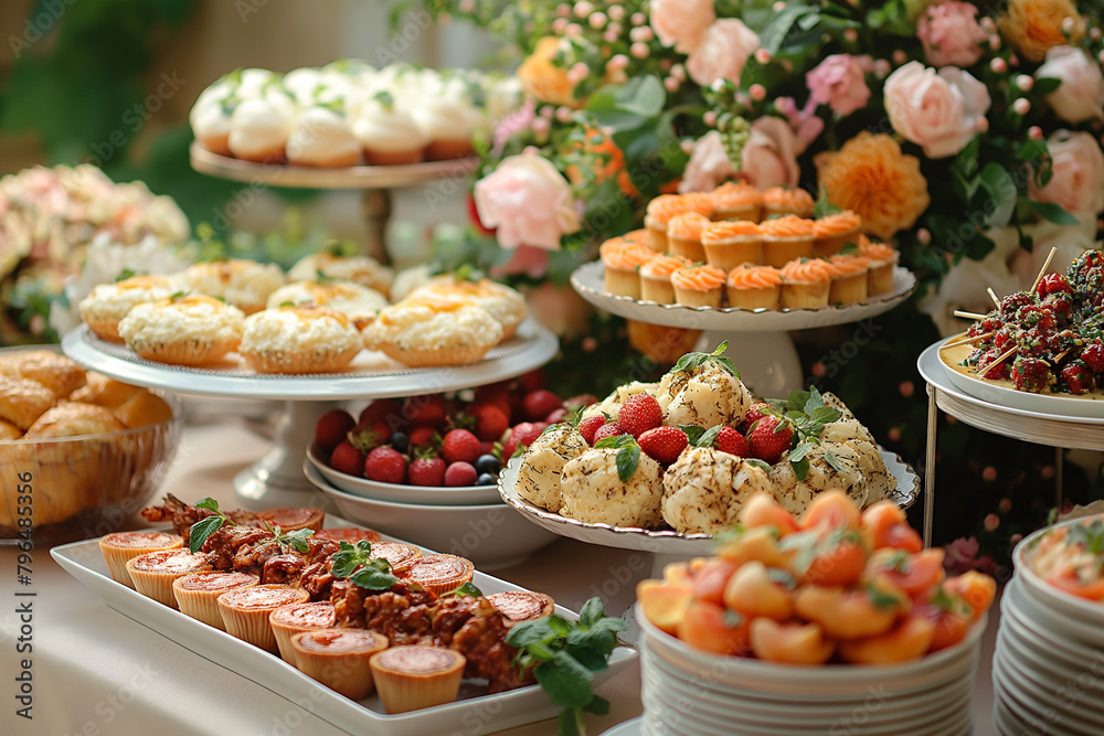 Luxury catering table, with variety of food, fruits or vegetables decorated  on corporate birthday party event or wedding