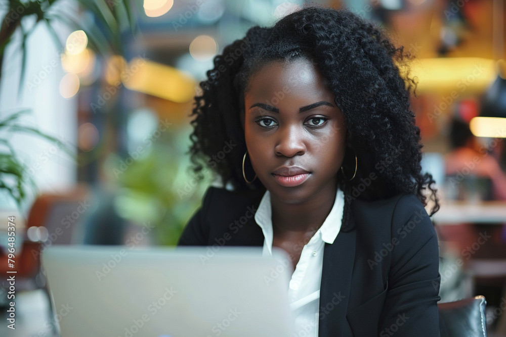 Focused African American business woman typing at laptop in office closeup. Girl surfing internet Focused African American business woman typing at laptop in office closeup. Girl surfing internet