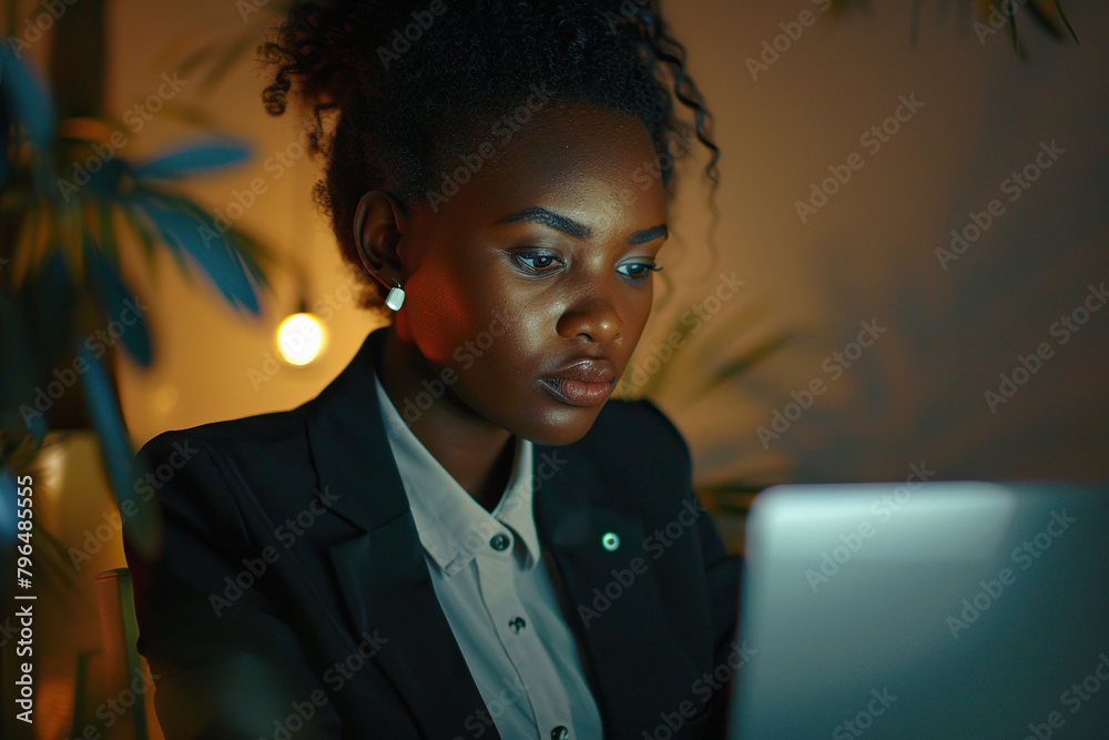 Focused Black business woman typing at laptop in office closeup. Girl surfing internet Focused Black business woman typing at laptop in office closeup. Girl surfing internet