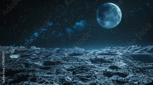 Full moon over a cratered lunar landscape with stars