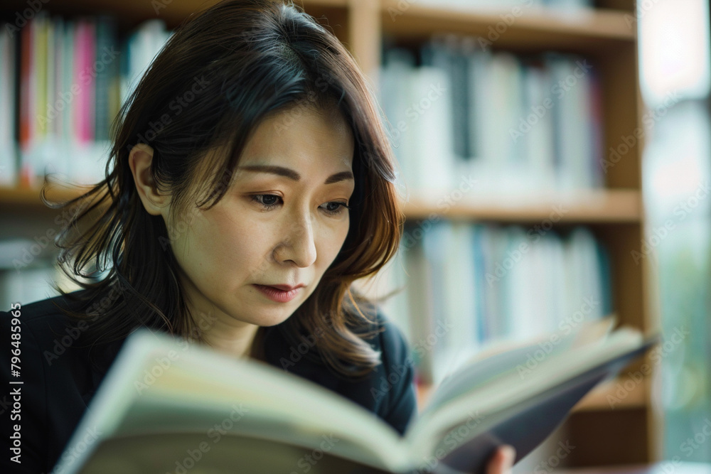 Focused Japanese business woman reading a book in office closeup. Focused Japanese business woman reading a book in office closeup.