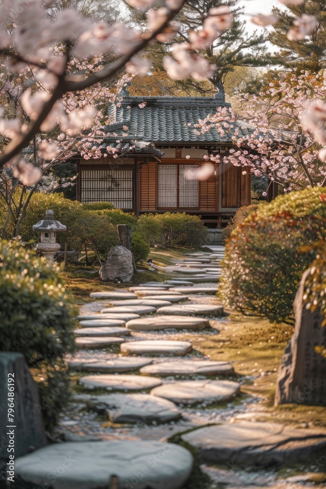 Traditional Japanese Tea House Amidst Blossoming Cherry Trees Traditional Japanese Tea House Amidst Blossoming Cherry Trees