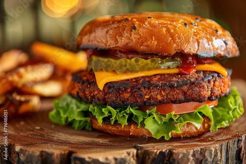 Gourmet Vegan Burger with Fresh Vegetables and Spicy Sauce on Rustic Background