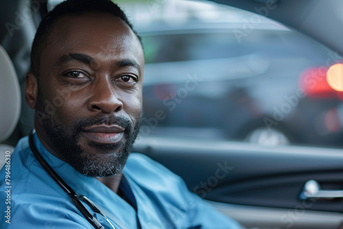 Male nurse sitting in car, going home from work. Male African American doctor driving car to work, on-call duty. Work-life balance of healthcare worker. photo