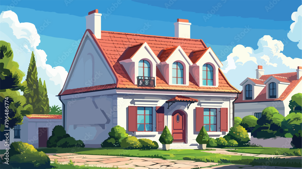 Modern European house with mansard and tile roof arch