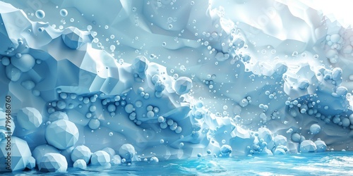A computer generated image of a snowy landscape with a large body of water