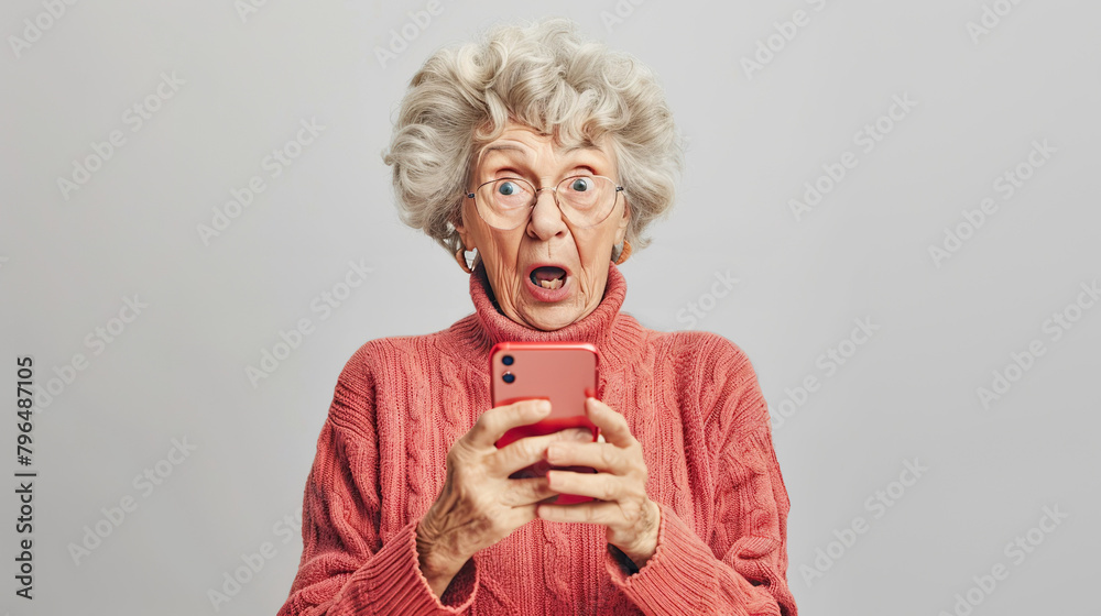 Banner cute surprised fun old woman pension at home in on a plain background with a smartphone in her hands looking at smartphone Banner cute surprised fun old woman pension at home in on a plain background with a smartphone in her hands looking at smartphone