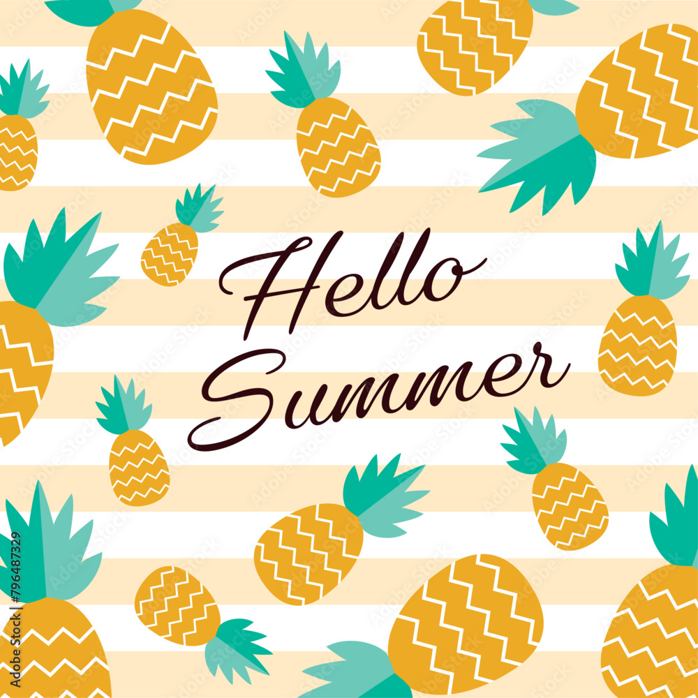 Vector card with pineapple and lettering. Hello summer. Typographic printable banner for summer design. Hand drawing abstract fruit background.