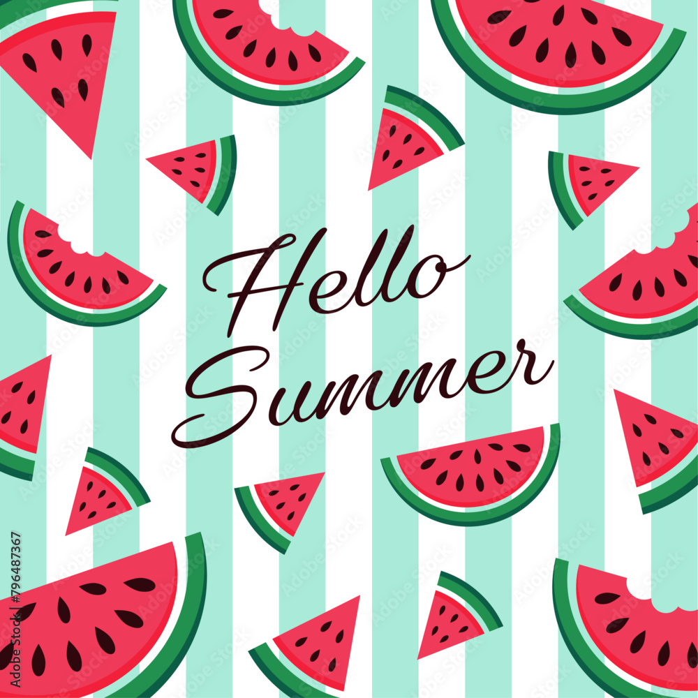 Vector card with watermelon and lettering. Hello summer. Typographic printable banner for summer design. Hand drawing abstract fruit background.