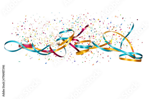 Whirlwind of Celebration: Confetti and Streamers Dance on White Canvas. On a White or Clear Surface PNG Transparent Background.