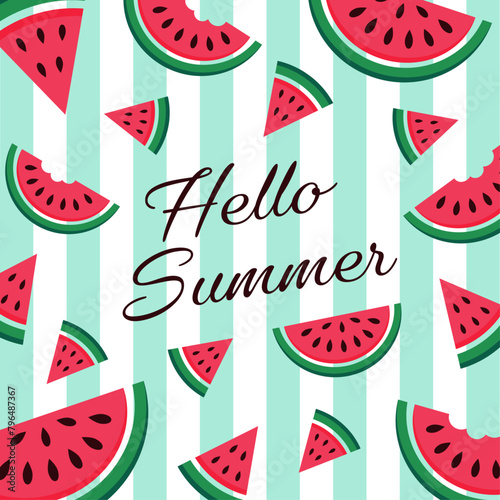 Obraz na płótnie Vector card with watermelon and lettering. Hello summer. Typographic printable banner for summer design. Hand drawing abstract fruit background. w salonie