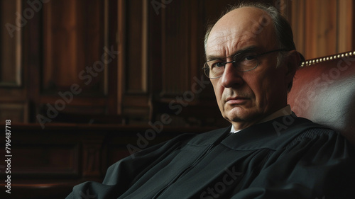 .A close-up presenting the solemn and determined expression of a judge seated in his chair photo