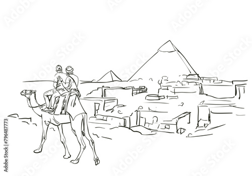 Egypt travel sightseeing, Hand drawn illustration, Two men tourists on camel exploring the great pyramids of Giza, Vector sketch Giza pyramid complex in Egypt