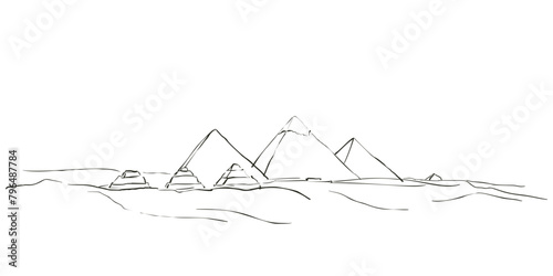 Pyramids in the desert vector sketch, Egyptian pyramids in Giza in the desert sands vector illustration hand drawn black line art style on white background