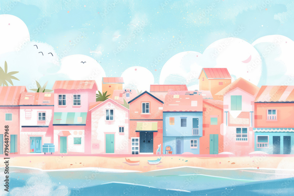 Colorful seaside town with pastel buildings and serene beach