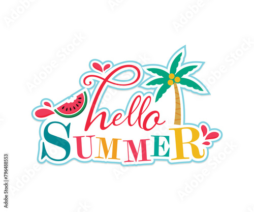 Hello Summer editable text effect template. Vector summer cards. Beautiful posters, stickers for kids t-shirts, rooms, or bedrooms. Backgrounds with summer fruits, tree. Hand-drawn letters. © TestersDesigns