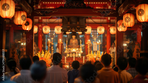 People pray inside the shrine during the Tsuyu no Jin ceremony  where a solemn and serene atmosphere fills the sacred space  Ai generated Images