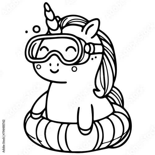 a cute unicorn wearing a snorkel mask and inflatable floaties, pretending to be ready for a swim