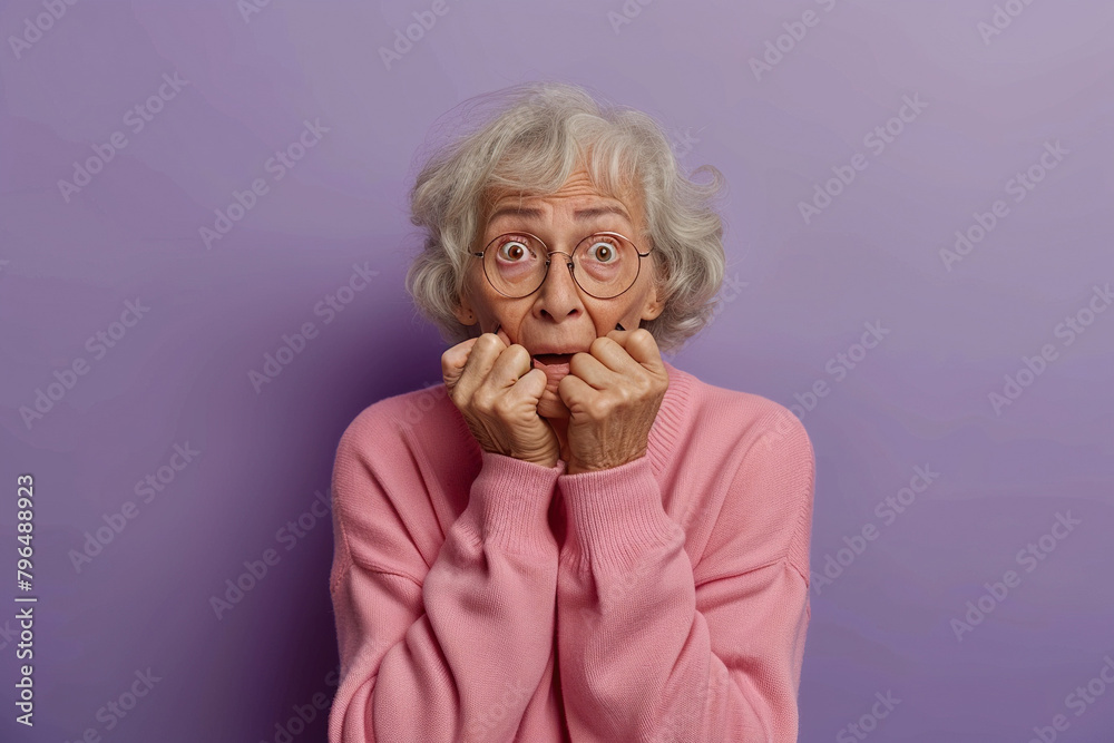 Nervous senior woman and in studio with oops reaction on purple background. Mistake, drama or secret with regret, shame or awkward