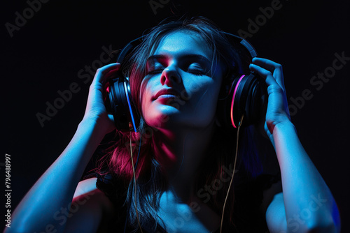 Young woman wearing headphones on a black background listening to her favorite music