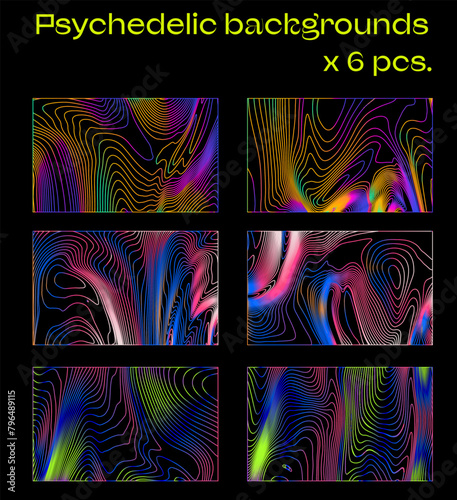 Big set of holographic retrofuturistic backgrounds with psychedelic neon wavy op-art pattern.