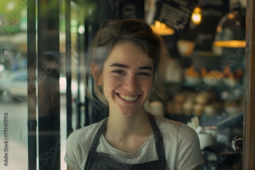 Woman smiling at café entrance: waitress, small business owner. Concept Portrait Photography, Small Business, Restaurant Industry, Commercial Photography, Local Establishment