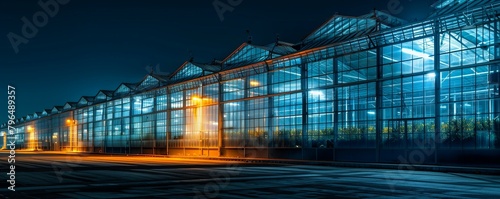 Night exterior of a modern industrial frame greenhouse with glass.  Beautiful lighting, light.  Growing vegetables, fruits, plants, garden crops all year round.  Agricultural business photo