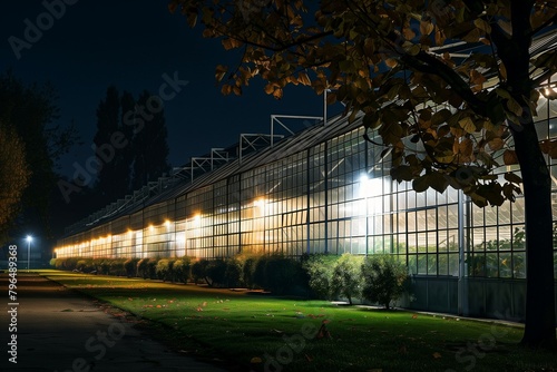 Wallpaper Mural Night exterior of a modern industrial frame greenhouse with glass.  Beautiful lighting, light.  Growing vegetables, fruits, plants, garden crops all year round.  Agricultural business Torontodigital.ca