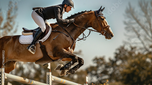 High-Stakes Equestrian Jumping Event: Horse and Rider Showcasing Skill at Olympics. Generative AI. © Ramon