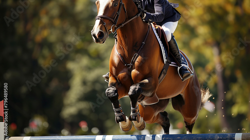 Equestrian Jumping: Majestic Horse and Rider Clearing Olympic Obstacles. Generative AI.