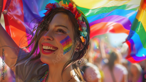 a woman happiness  waving a rainbow flag at a pride event photo
