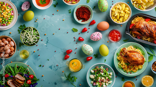 Tasty dishes and painted eggs for Easter dinner