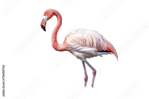 Graceful Pink Flamingo Posing on Pearl White Canvas. On a White or Clear Surface PNG Transparent Background.