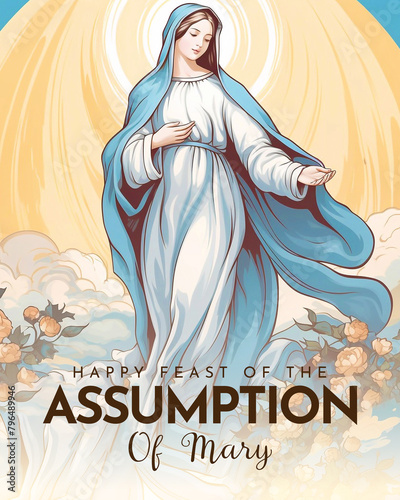 Assumption of Mary Illustration with Feast of the Blessed Virgin and Doves in Heaven 